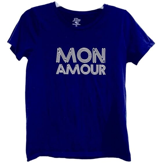 J. CREW T-SHIRT WOMEN’S SMALL NAVY BLUE MON AMORA GRAPHIC 100% COTTON. - Picture 1 of 7